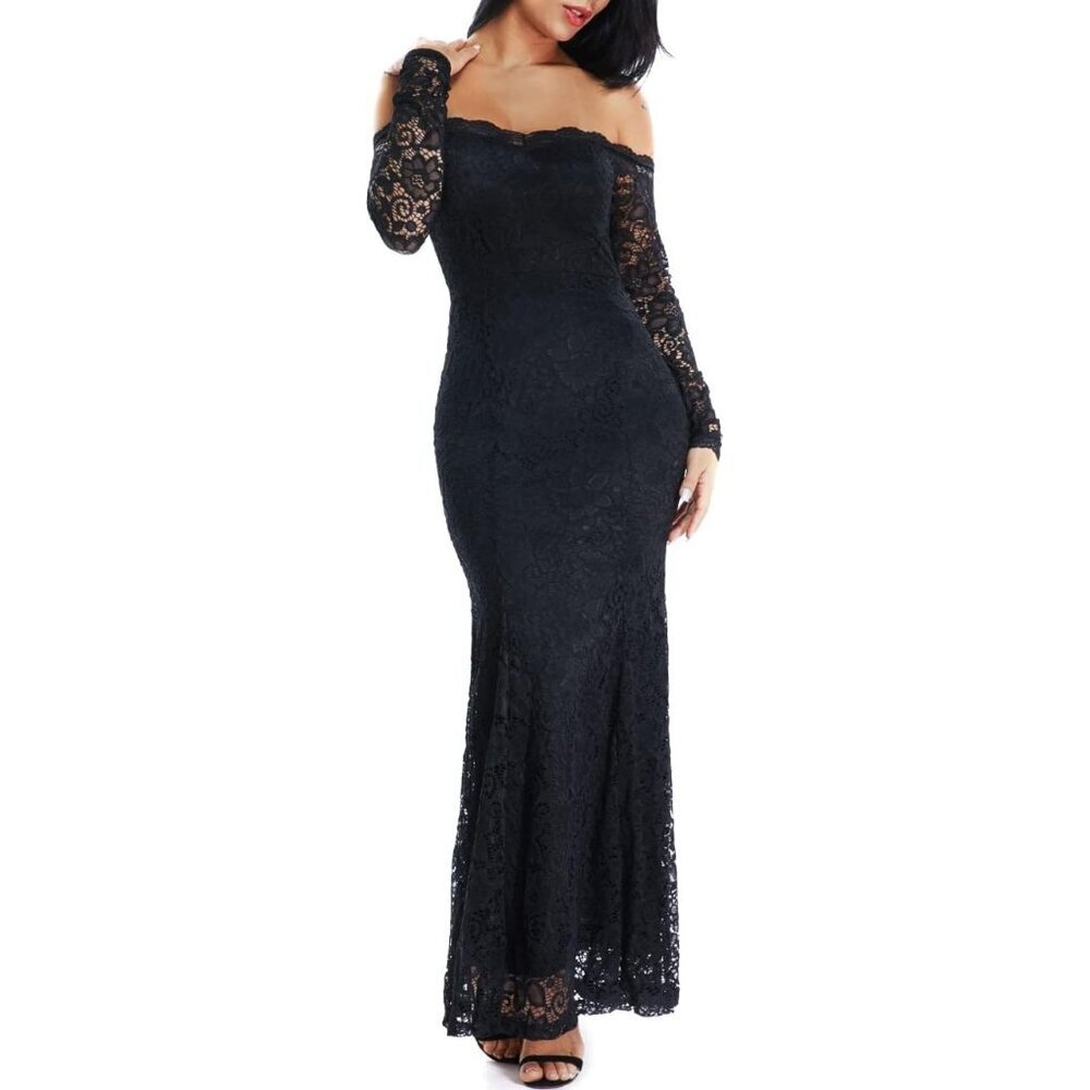 Women's Black 1 Floral Lace Long Sleeve Off Shoulder Wedding Mermaid Dress